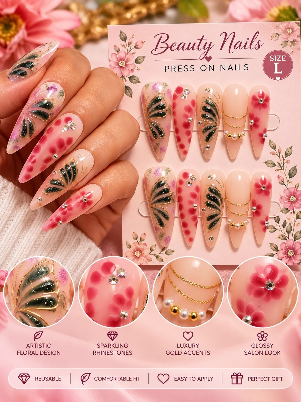 Press-On Floral Pink Green Rhinestone Nail Set - Size L